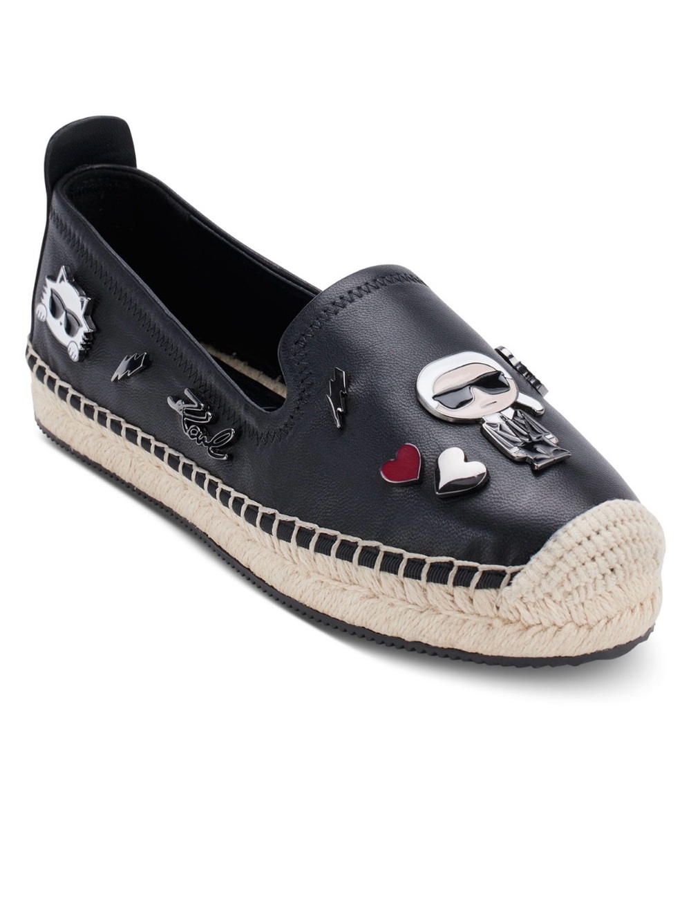 Karl Lagerfeld Women Black Leather Espadrille with Enamel Charms